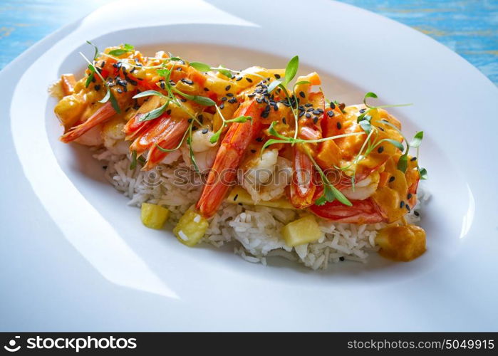 Seafood red curry with shrimps prawns sprouts and sesame seeds