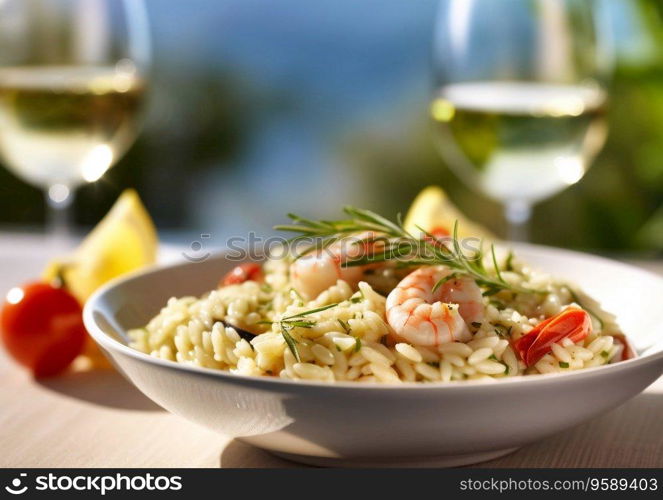 Seafood risotto rice meal with white wine glasses on restaurant table.AI Generative