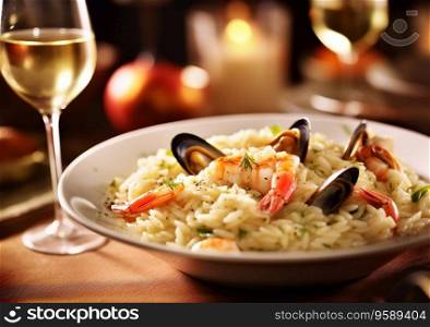 Seafood risotto rice meal with white wine glasses on restaurant table.AI Generative