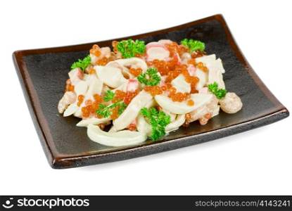 Seafood salad ar plated isolated on a white background