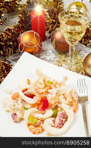 seafood salad on christmas table