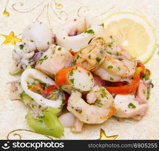 seafood salad on decorated dish