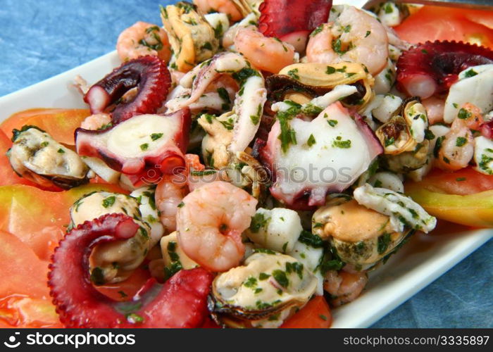 Seafood Salad with prawns, mussels, squids, octopus decorated with parsley and tomatoes