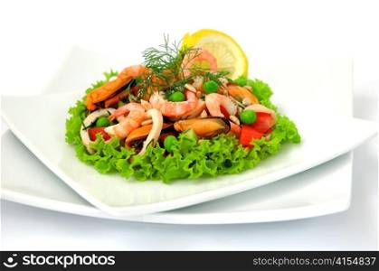 Seafood salad with vegetables on a white background