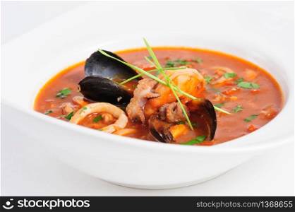Seafood Soup in white dish, japanese cuisine. Seafood Soup in white dish