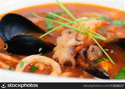 Seafood Soup in white dish, japanese cuisine. Seafood Soup in white dish closeup