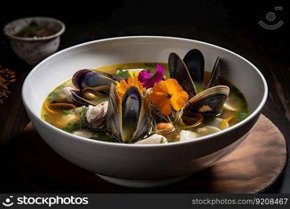 seafood soup with mussels, clams and crab in clear broth, created with generative ai. seafood soup with mussels, clams and crab in clear broth