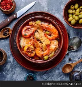 Seafood soup with prawns, mussels and fish. Fresh seafood soup