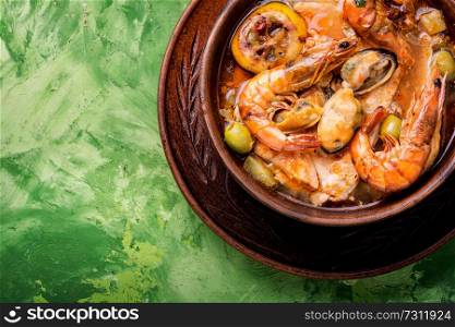 Seafood soup with prawns, mussels and fish.Hot seafood soup with fish. Fresh seafood soup