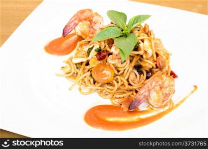 Seafood Spaghetti with tiger prawn meal cuisine