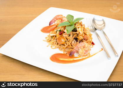 Seafood Spaghetti with tiger prawn meal cuisine