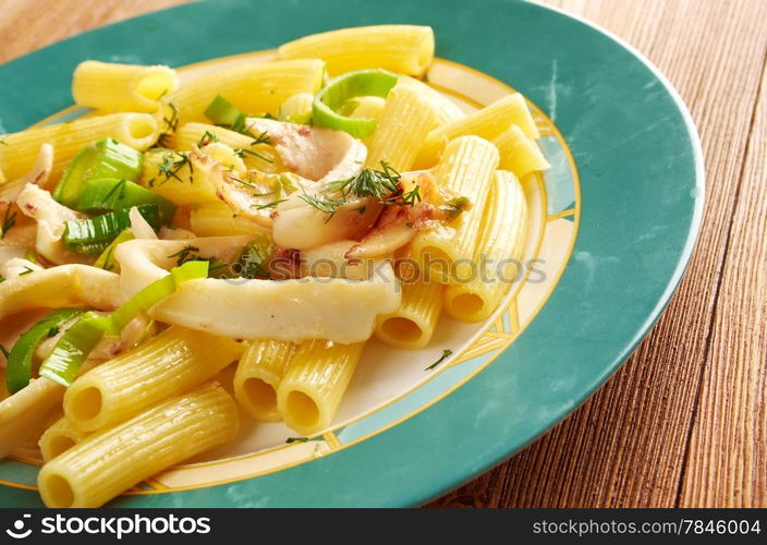 Seafood with Rigatoni Pasta.Eating Pasta in Italy