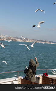 Seagulls are flying in sky over the sea waters