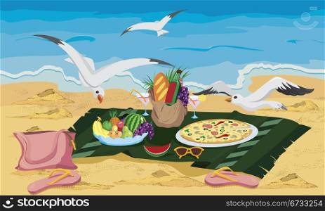Seagulls are trying to steal food left on the beach vector illustration