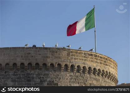 Seagulls (Larinae Rafinesque) standing near Italian flag blowing in the wind: red; white and green on ancient tower in Gallipoli (Le) in the Southern Italy