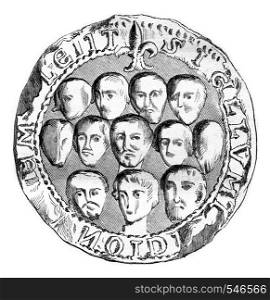 Seal of the municipal assembly of Meulan in 1195, vintage engraved illustration. Magasin Pittoresque 1861.