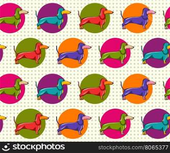 Seamles Baskground Pattern with Dachshund in Pop Art Style. Vector Illustration.