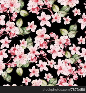 Seamles pattern with japanese sakura with pink flowers and green leaves. Illustration. Seamles pattern with japanese sakura with pink flowers and green leaves.