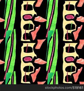 Seamless abstract pattern. Brown, pink and yellow geometric shapes on a black background. Bright ornament with corn leaves and bones.. Seamless abstract pattern.