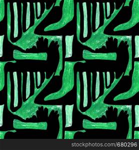 Seamless abstract pattern. Green geometric shapes on a black background. Contrasting rhythmic ornament with sharp elements.. Seamless abstract pattern.