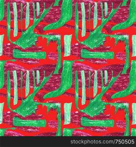Seamless abstract pattern. Green geometric shapes on a red background with burgundy spots. Contrasting rhythmic ornament with sharp elements.. Seamless abstract pattern.