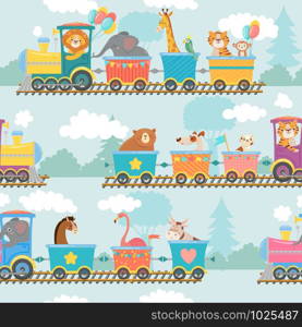 Seamless animals on train pattern. Happy animal in railroad car, trains trip and children. Elephant, tiger and giraffe on locomotive wrapping, wallpapper or fabric cartoon vector illustration. Seamless animals on train pattern. Happy animal in railroad car, trains trip and children cartoon vector illustration