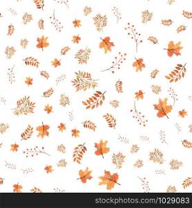 Seamless autumn leaves background, berries on white isolated background. Watercolor illustration.. Seamless autumn leaves background, berries on white isolated background. Watercolor illustration