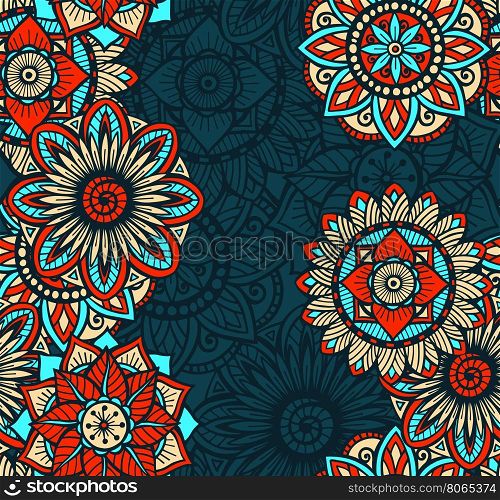 Seamless background pattern with colorful circle mandalas. Vector illustration.