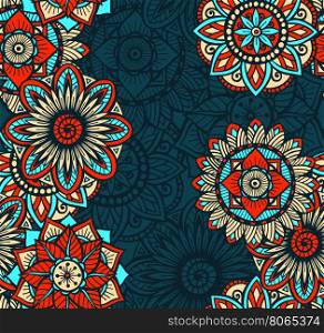 Seamless background pattern with colorful circle mandalas. Vector illustration.