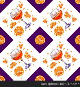 Seamless background with glasses of orange juice. Summer citrus exotic drink. Slices of orange. Hand drawn watercolor. Violet squares.. Seamless background with glasses of orange juice.