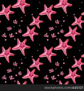 Seamless background with starfish and algae. Starfish is drawn by hand. Isolated pink starfish located on a black background. Summer sea concept.. Seamless pattern with starfish and algae.
