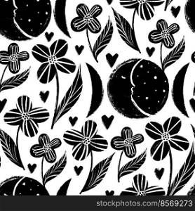 Seamless black and white pattern with night flowers under the moon