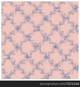 Seamless blue rose pattern of rhombuses. Pink background. Geometric texture floral ornament style illustration. Sketch wrapping paper, texture, background vector fill. Vector illustration.. Blue rose endless pattern of rhombuses.