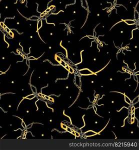 Seamless bohemian golden pattern of beetles. Golden pattern with beetles. Vector illustration. Seamless bohemian golden pattern of beetles 