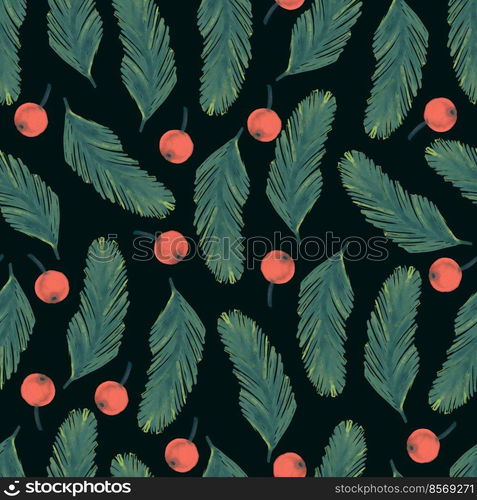 Seamless Christmas pattern with fir branches and red berries