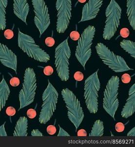 Seamless Christmas pattern with fir branches and red berries