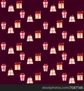 Seamless Christmas pattern with gift boxes. Hand-drawn orange and red festive packaging with red ribbons on a violet background.. Seamless Christmas pattern with gift boxes.