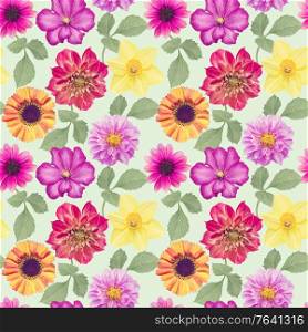 Seamless floral design with colorful flowers for background, Endless pattern.Watercolor illustration.