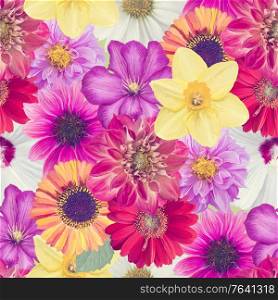Seamless floral design with colorful flowers for background, Endless pattern.Watercolor illustration.