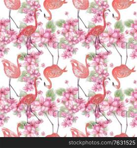 Seamless floral design with pink flowers and flamingo for background, Endless pattern.