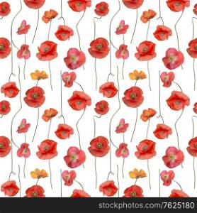Seamless floral design with Red Poppy Flowers for background, Endless pattern.