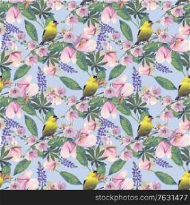 Seamless floral design with yellow bird and tropical flowers for background, Endless pattern.