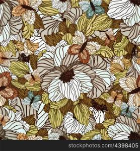 Seamless Floral Ornamental Pattern With Flowers, Leaves And Butterflies
