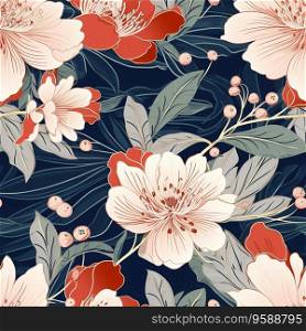 Seamless floral pattern in Asian Japanese style is perfect for use in a variety of designs, from textiles to wallpapers to stationery. The minimalist design is both elegant and modern, and the use of Japanese cranes adds a touch of whimsy. Generative AI
