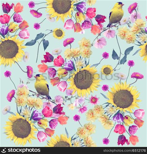 seamless floral pattern with birds . Endless texture for your design.. seamless floral pattern with birds
