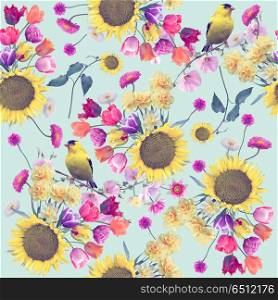 seamless floral pattern with birds . Endless texture for your design.. seamless floral pattern with birds