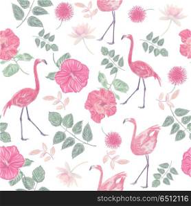 Seamless floral pattern with flamingo birds. Endless texture for your design.. seamless pattern with flowers and flamingos