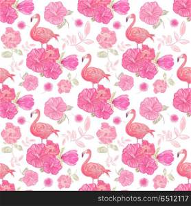 Seamless floral pattern with flamingo birds. Endless texture for your design.. seamless pattern with flowers and flamingo