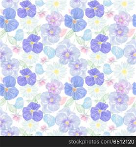 Seamless floral pattern with viola and daisy. Endless texture for your design.. seamless floral pattern