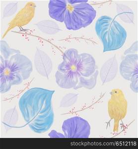 Seamless floral pattern with yellow birds and flowers. Endless texture for your design.. seamless pattern with flowers and birds